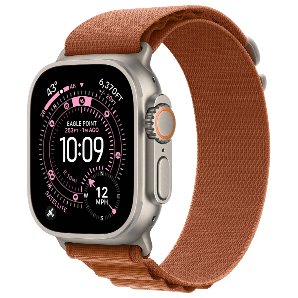 На фото изображено Apple Watch Ultra 3 GPS + Cellular, 49 мм, корпус из натурального титана, ремешок Alpine, цвет терракотовый, L