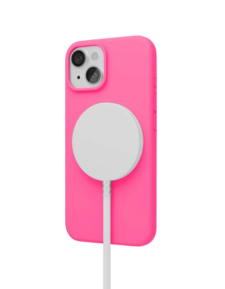 На фото изображено Чехол защитный VLP Aster Case с MagSafe для iPhone 14/15, неоновый розовый