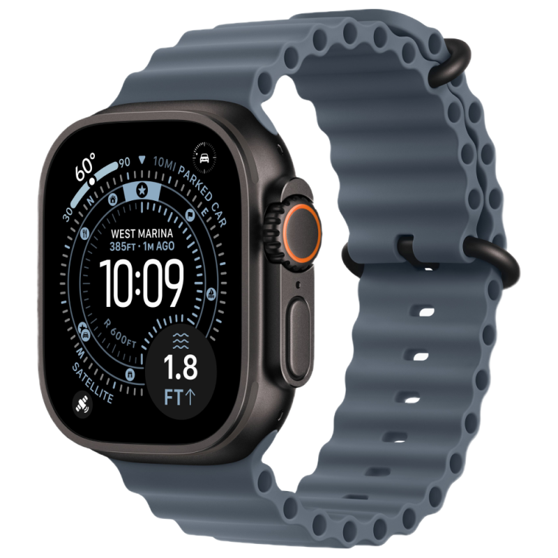 Фото Apple Watch Ultra 3 GPS + Cellular, 49 мм, корпус из чёрного титана, ремешок Ocean Band, цвет синий На фото изображено Apple Watch Ultra 3 GPS + Cellular, 49 мм, корпус из чёрного титана, ремешок Ocean Band, цвет синий