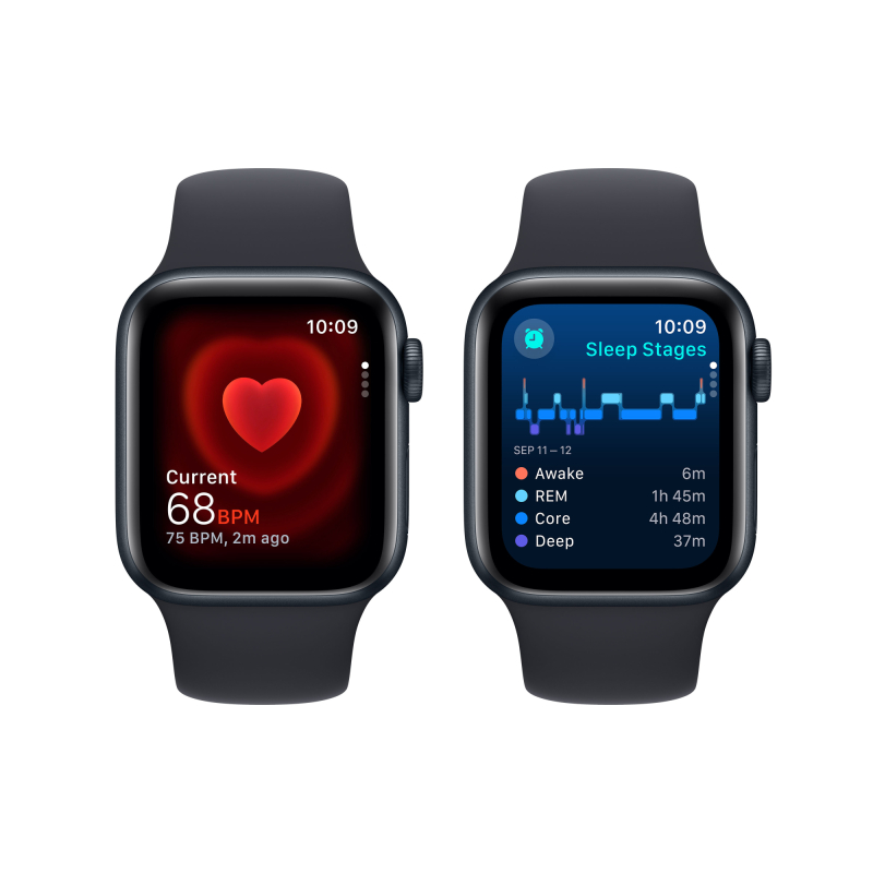 Apple Watch SE 2024, 44 мм, корпус из алюминия цвета «Тёмная ночь», спортивный ремешок, размер S/M