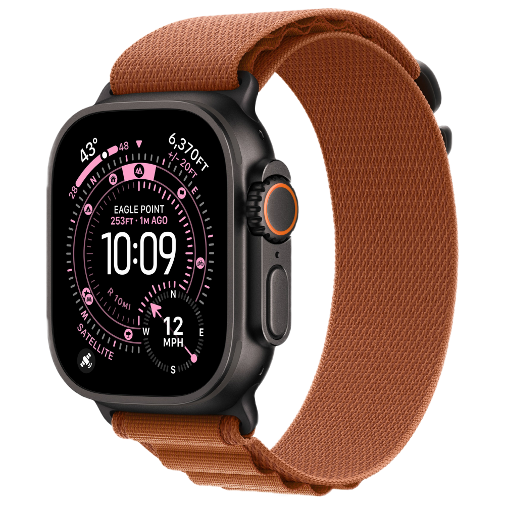 На фото изображено Apple Watch Ultra 3 GPS + Cellular, 49 мм, корпус из чёрного титана, ремешок Alpine, цвет терракотовый, L