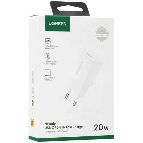 На фото изображено Адаптер питания Ugreen Nexode 20W USB-C, белый