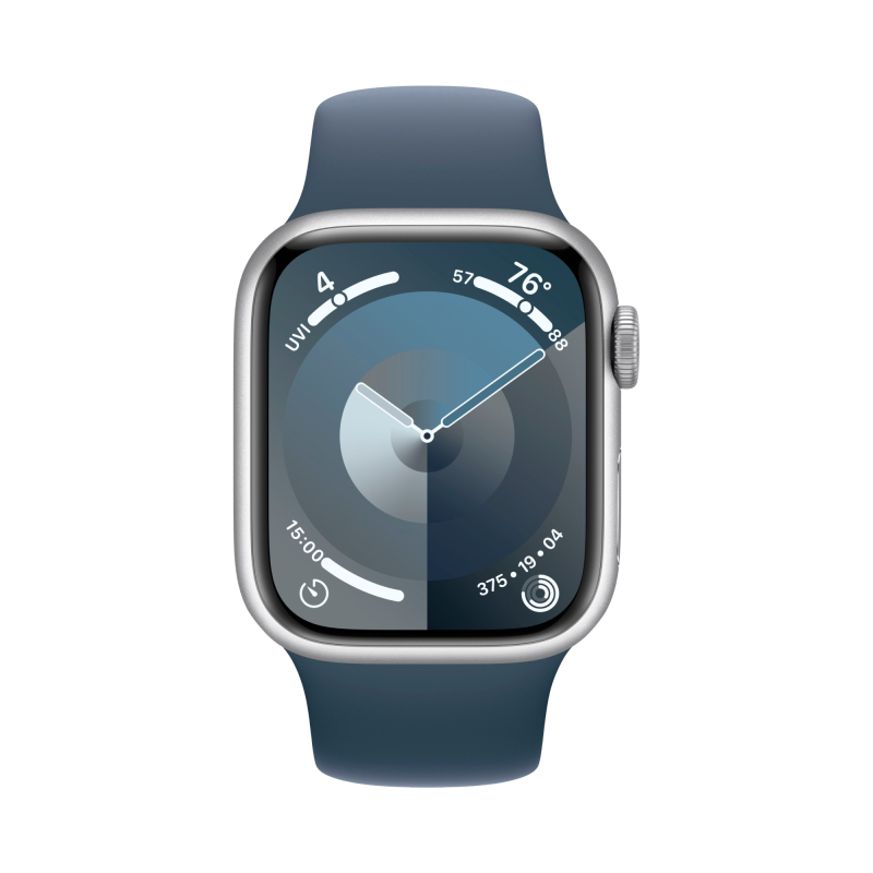 Apple Watch Series 9, 41 мм, корпус из алюминия цвета «Серебристый», спортивный ремешок, размер S/M Apple Watch Series 9, 41 мм, корпус из алюминия цвета «Серебристый», спортивный ремешок, размер S/M