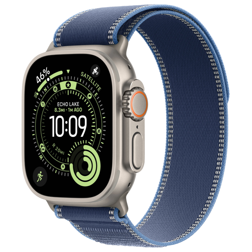 На фото изображено Apple Watch Ultra 3 GPS + Cellular, 49 мм, корпус из натурального титана, ремешок Trail, цвет синий, M/L