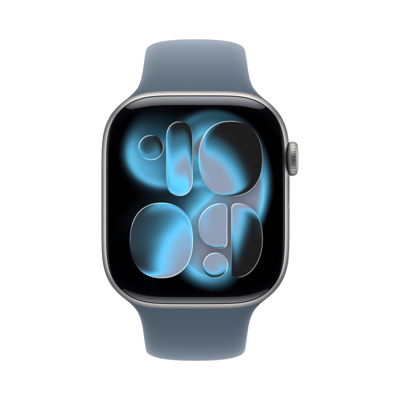 На фото изображено Apple Watch Series 11, 46 мм, корпус из алюминия цвета «Серый космос», спортивный ремешок, размер M/L