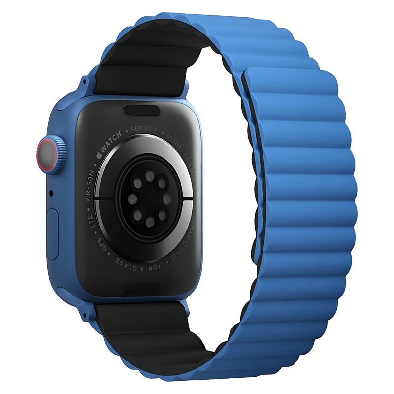 На фото изображено Ремешок силиконовый двусторонний Uniq для Apple Watch (44,45,46,49 мм), чёрный-синий