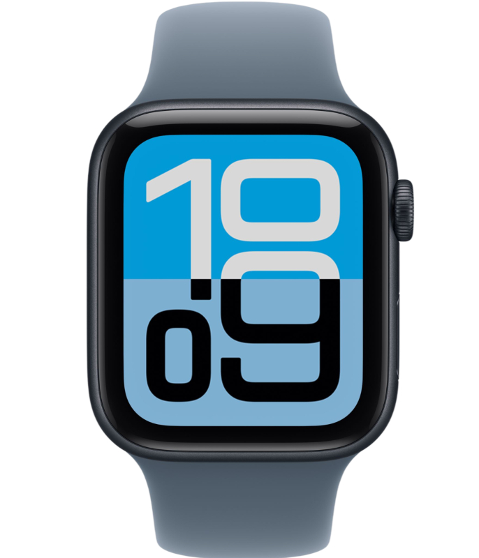 На фото изображено Apple Watch SE 3, 44 мм, корпус из алюминия цвета «Полуночный черный», спортивный ремешок, размер M/L