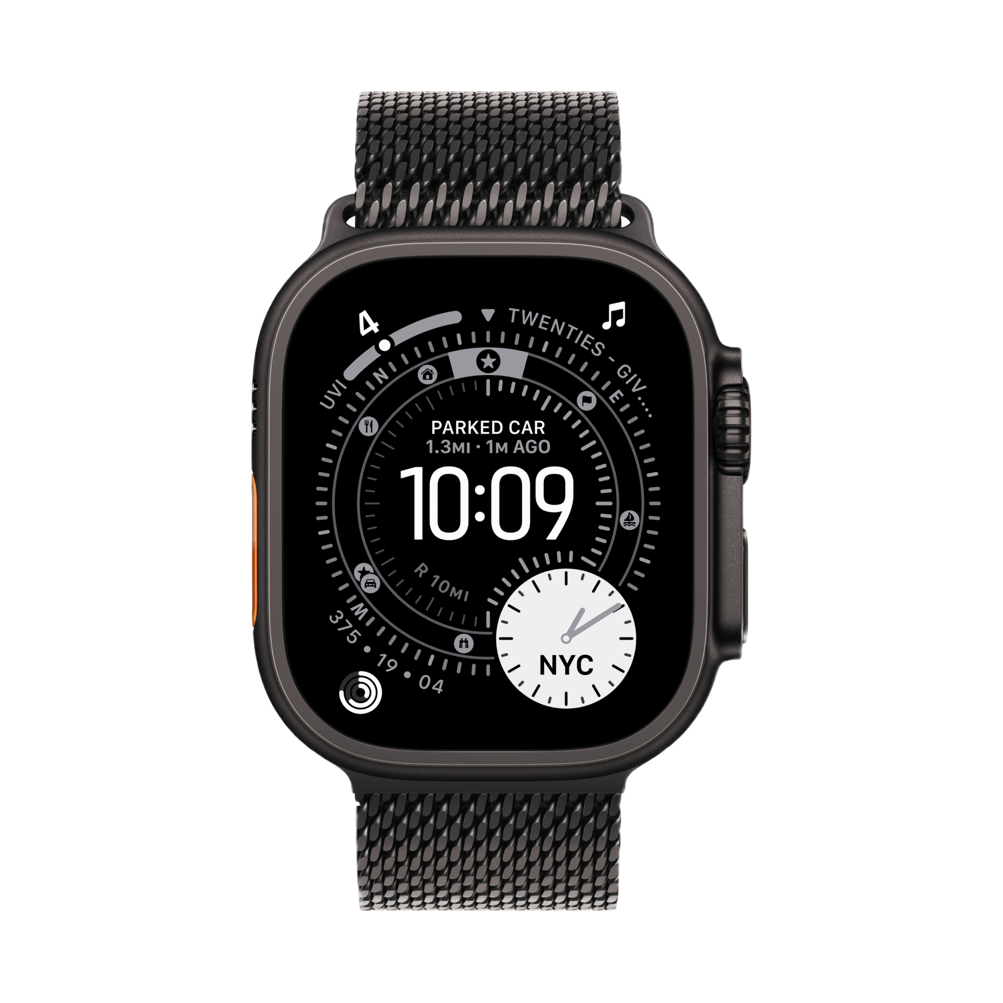 На фото изображено Apple Watch Ultra 3 GPS + Cellular, 49 мм, корпус из черного титана, ремешок Milanese черного цвета, размер S