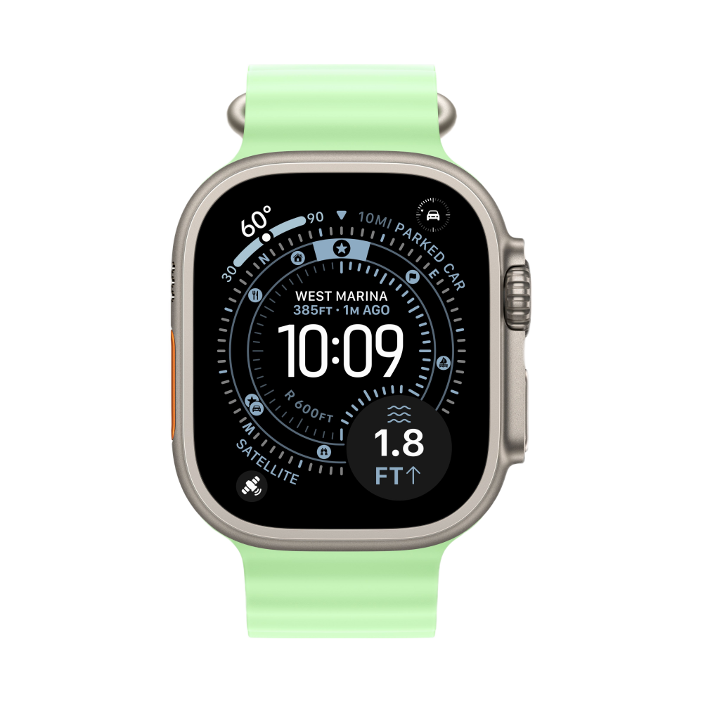 На фото изображено Apple Watch Ultra 3 GPS + Cellular, 49 мм, корпус из натурального титана, ремешок Ocean Band, цвет неоновый зелёный