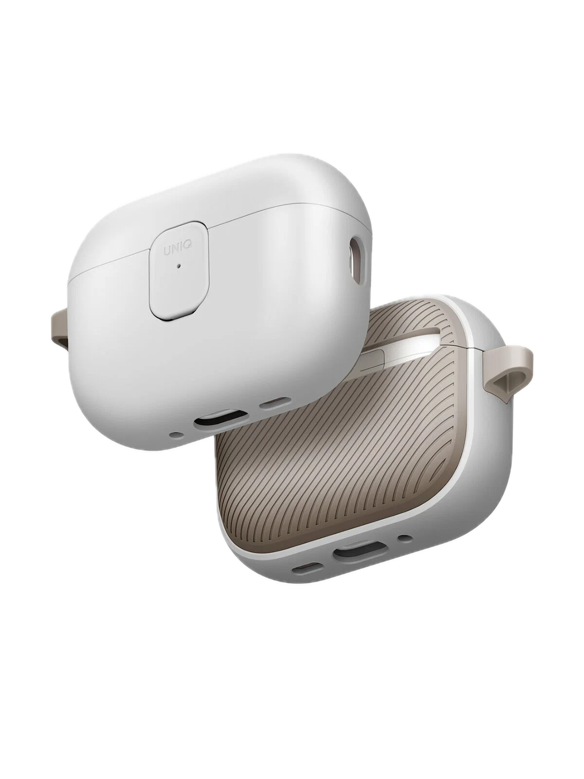 На фото изображено Чехол Uniq CLYDE Lock case для AirPods Pro 3, Mist Grey/Khaki