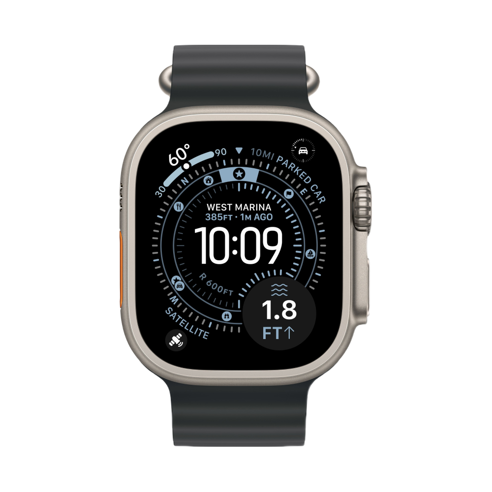 На фото изображено Apple Watch Ultra 3 GPS + Cellular, 49 мм, корпус из натурального титана, ремешок Ocean Band, цвет чёрный