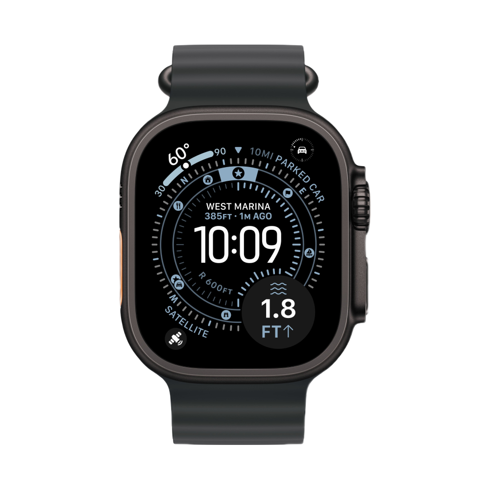 На фото изображено Apple Watch Ultra 3 GPS + Cellular, 49 мм, корпус из чёрного титана, ремешок Ocean Band, цвет чёрный
