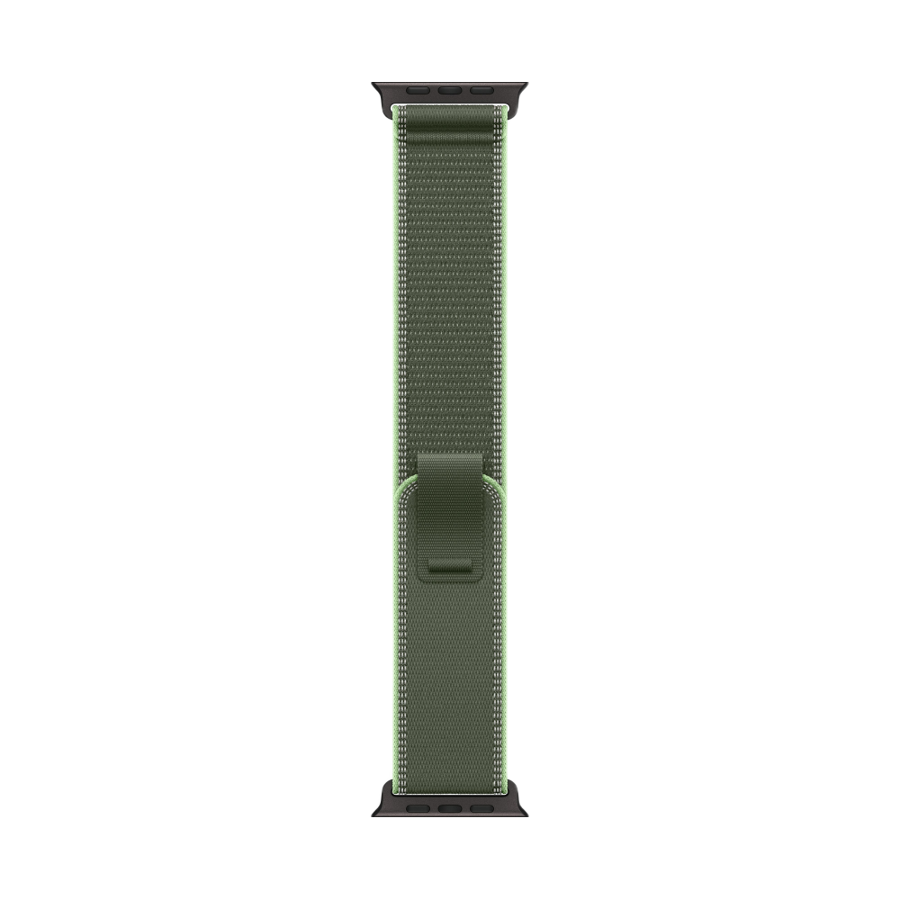На фото изображено Apple Watch Ultra 3 GPS + Cellular, 49 мм, корпус из чёрного титана, ремешок Trail, цвет зелёный, S/M