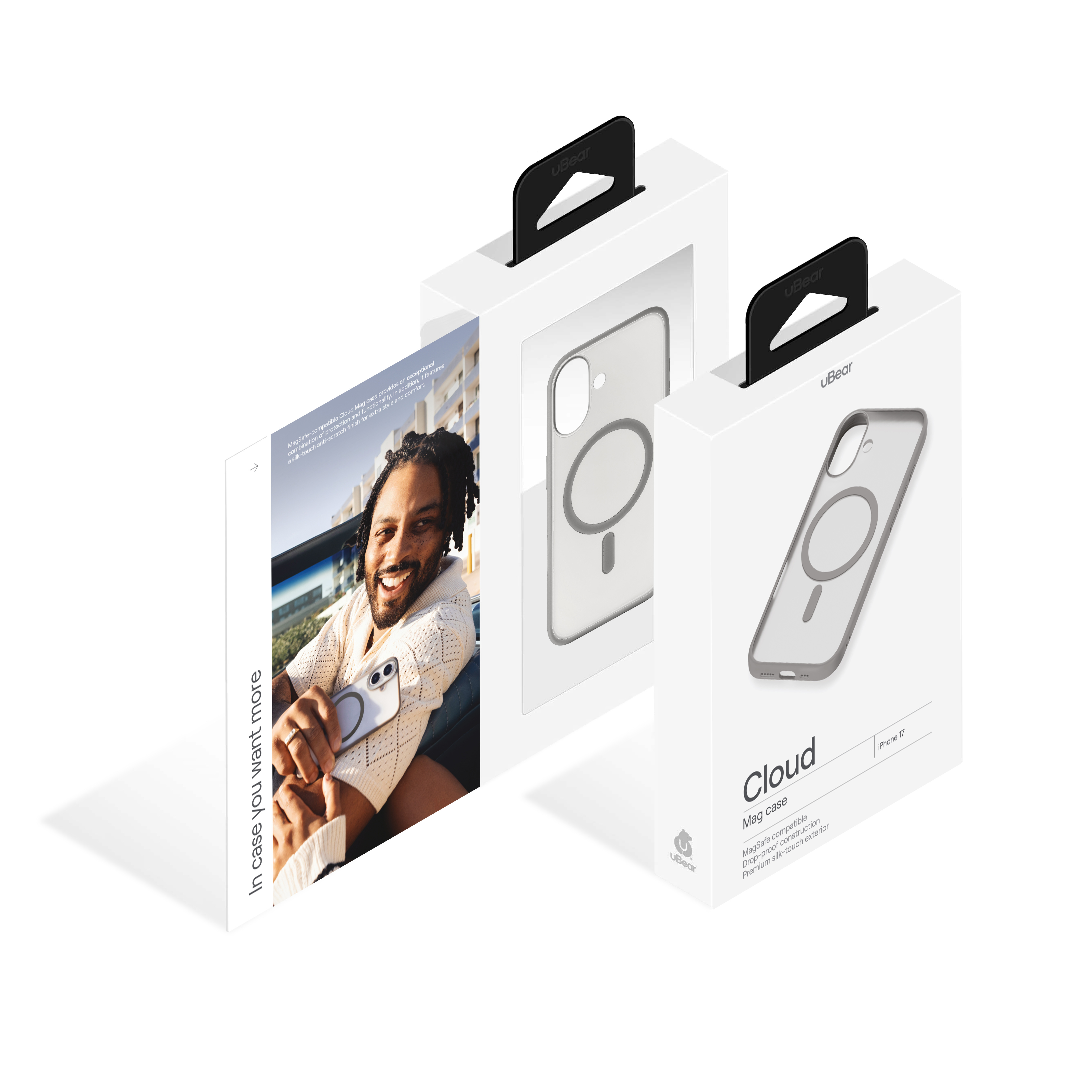 На фото изображено Чехол защитный uBear Cloud Mag Case для iPhone 17, MagSafe, серый