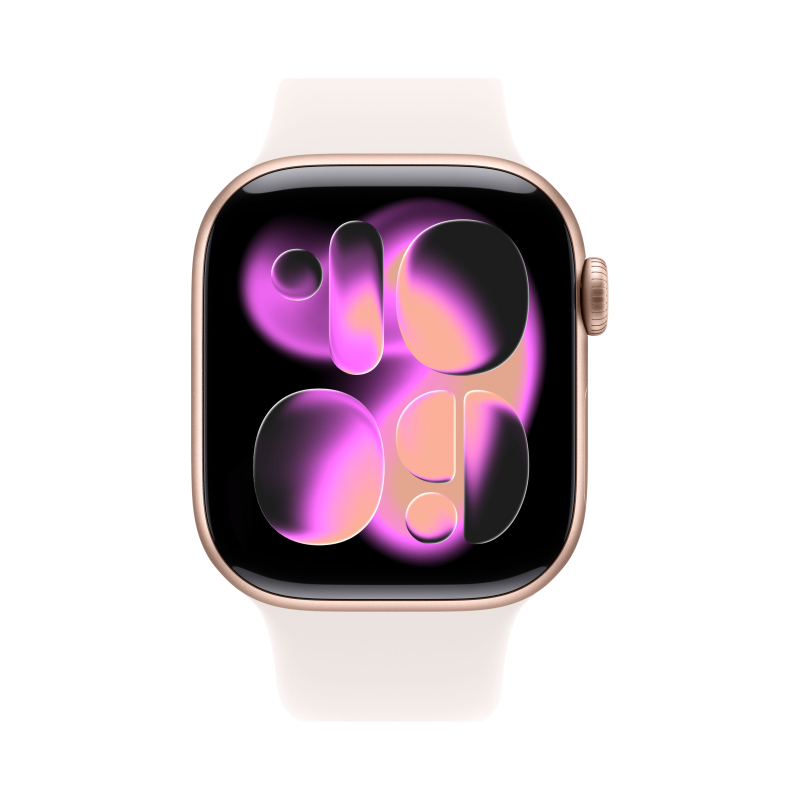 На фото изображено Apple Watch Series 11, 42 мм, корпус из алюминия цвета «Розовое золото», спортивный ремешок, размер S/M