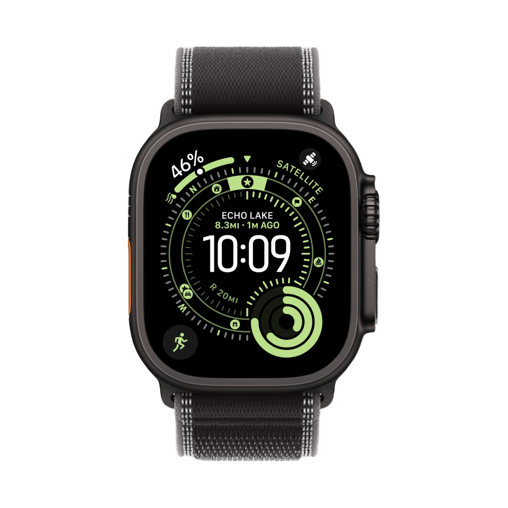 На фото изображено Apple Watch Ultra 3 GPS + Cellular, 49 мм, корпус из чёрного титана, ремешок Trail, цвет чёрный, M/L
