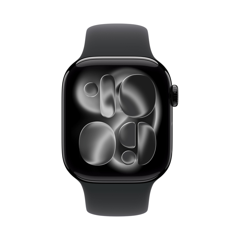 На фото изображено Apple Watch Series 11, 42 мм, корпус из алюминия цвета «Чёрный оникс», спортивный ремешок, размер S/M