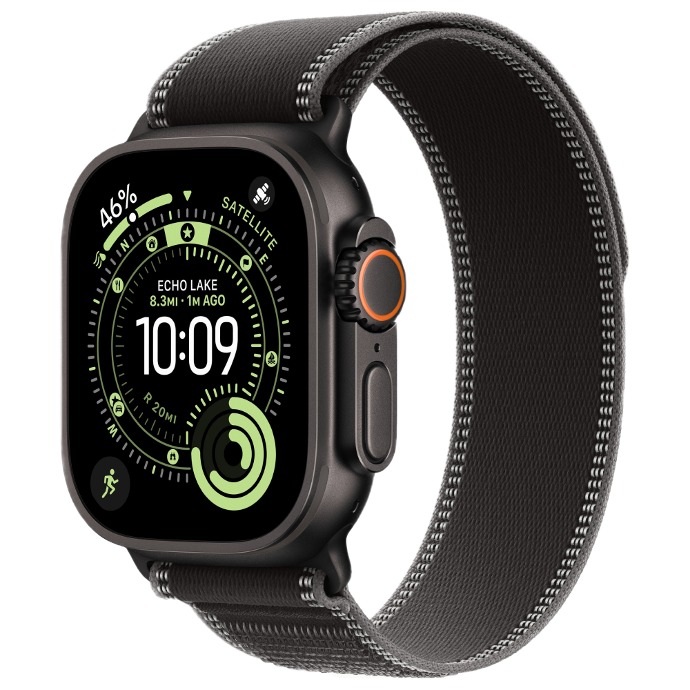 На фото изображено Apple Watch Ultra 3 GPS + Cellular, 49 мм, корпус из чёрного титана, ремешок Trail, цвет чёрный, M/L