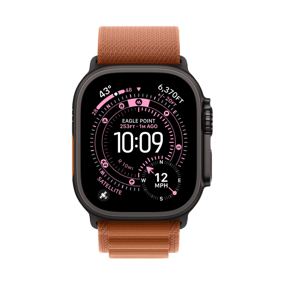 На фото изображено Apple Watch Ultra 3 GPS + Cellular, 49 мм, корпус из чёрного титана, ремешок Alpine, цвет терракотовый, L