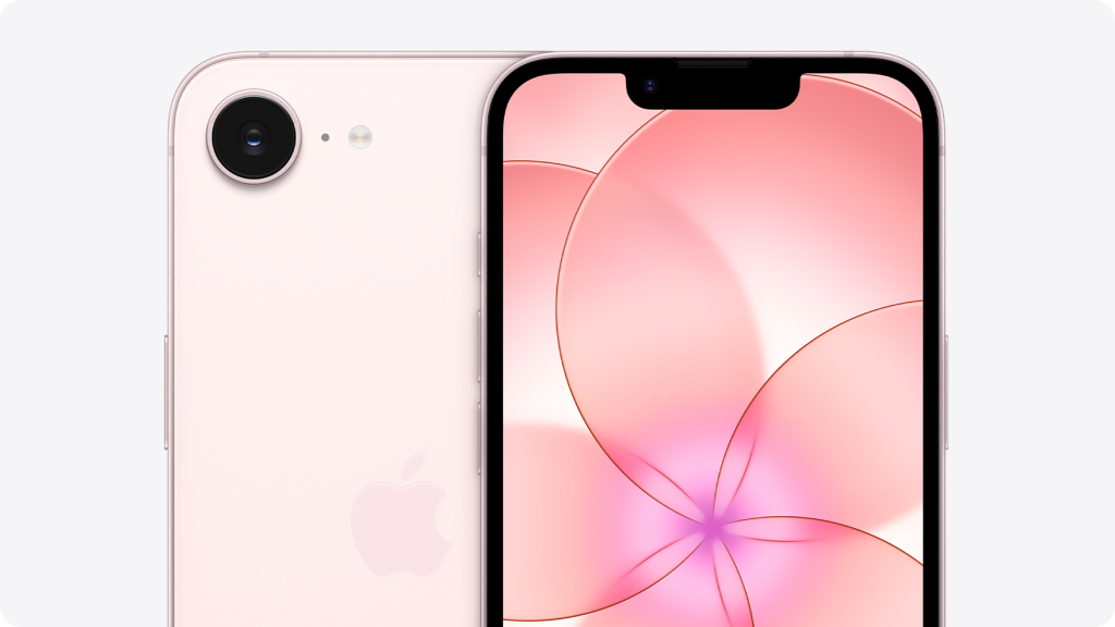 iPhone 17e 2026 года в розовом корпусе: дисплей с чёлкой и кнопкой Action Button, задняя панель с одной камерой