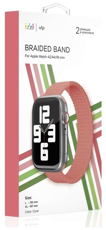 Ремешок нейлоновый плетёный VLP для Apple Watch 42/44/45, L/XL, коралловый Ремешок нейлоновый плетёный VLP для Apple Watch 42/44/45, L/XL, коралловый