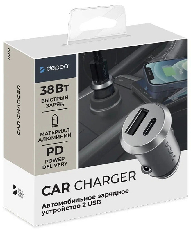 Автомобильное зарядное устройство Deppa USB-A+USB-C, серебристый Автомобильное зарядное устройство Deppa USB-A+USB-C, серебристый